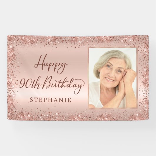 Chique Script Roos Gouden Glitter Foto 90e Verjaar Spandoek (Horizontaal)