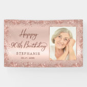 Chique Script Roos Gouden Glitter Foto 90e Verjaar Spandoek (Horizontaal)