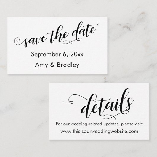 Chique Script Sla de datum & bruiloft Detail Kaart Visitekaartje (Voorkant / Achterkant)