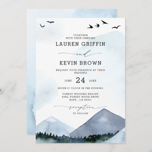 Chique Script Slate Blue Mountains Bos Bruiloft Kaart (Voorkant / Achterkant)