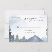 Chique Script Slate Blue Mountains Bos Bruiloft RSVP Kaartje (Voorkant)