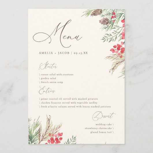 Chique Script Waterverf Winter groen bruiloft Menu (Voorkant)