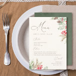 Chique Script Waterverf Winter groen bruiloft Menu<br><div class="desc">Verras de smaakpapillen van uw gasten met ons huwelijksmenu. Tegen een kalmerende beige achtergrond,  waterverf wintergroen,  hulstbessen,  dennenappels en loof lijst elegant script en serif typografie.</div>