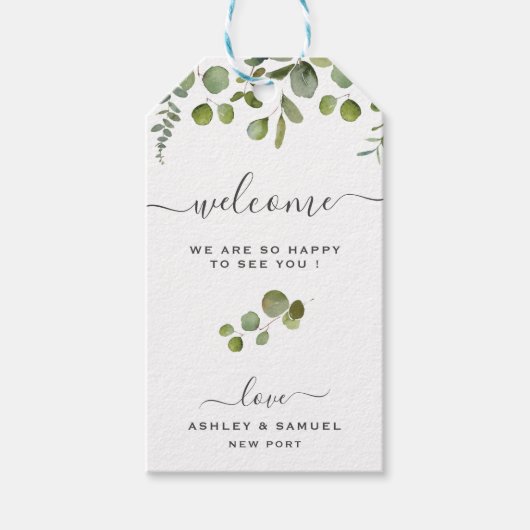 Chique Script Welkom Eucalyptus Wedding Gift Label Cadeaulabel (Voorkant)