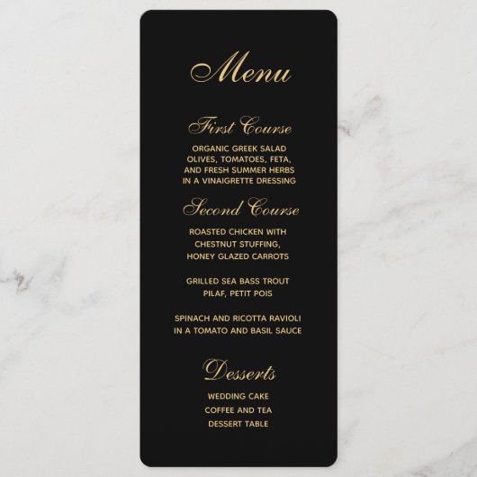 Chique Script Zwart Goud Bruiloft Menu (Voorkant)