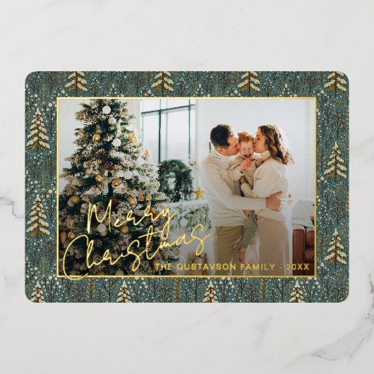 Chique seizoensgroeten op bosbomen goud folie feestdagenkaart (Voorkant)