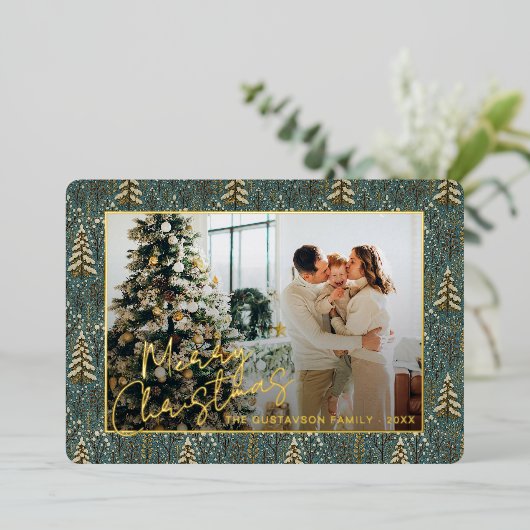 Chique seizoensgroeten op bosbomen goud folie feestdagenkaart (Staand Voorkant)