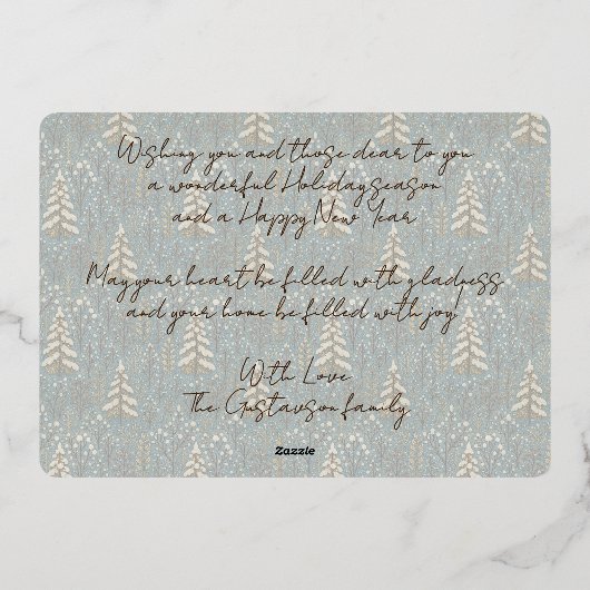 Chique seizoensgroeten op bosbomen goud folie feestdagenkaart (Achterkant)