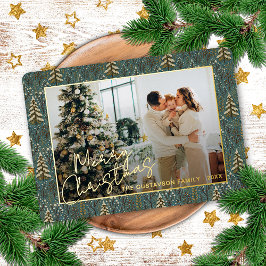 Chique seizoensgroeten op bosbomen goud folie feestdagenkaart