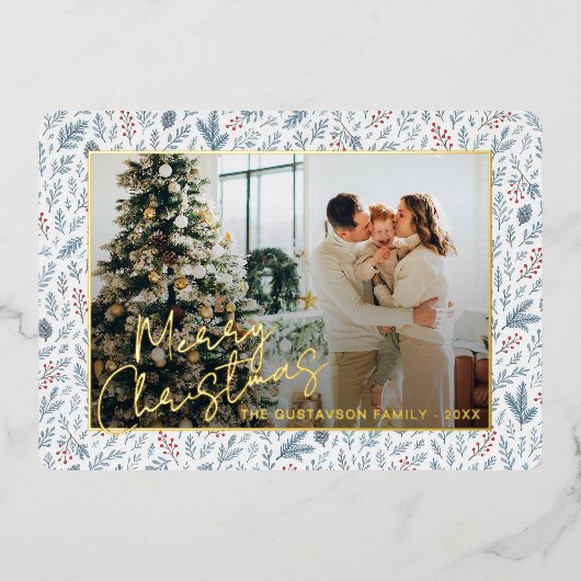 Chique seizoensgroeten op Holly Berries Gold Folie Feestdagenkaart (Voorkant)