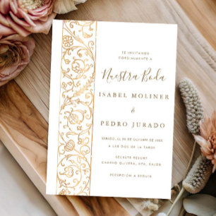 Chique Sierlijk Bloemmotief Wit Goud Nuestra Boda  Kaart