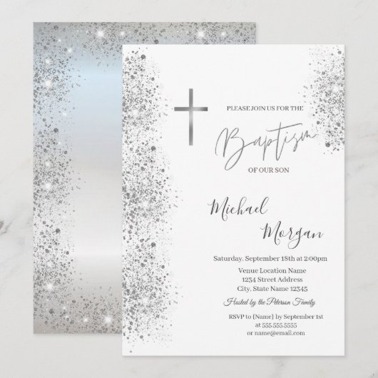 Chique Silver Cross Doop Zilver Glitter Confetti Kaart (Voorkant / Achterkant)