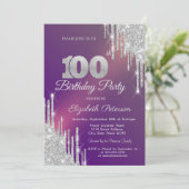 Chique Silver Glitter Drips Paarse 100e Verjaardag Kaart (Staand voorkant)