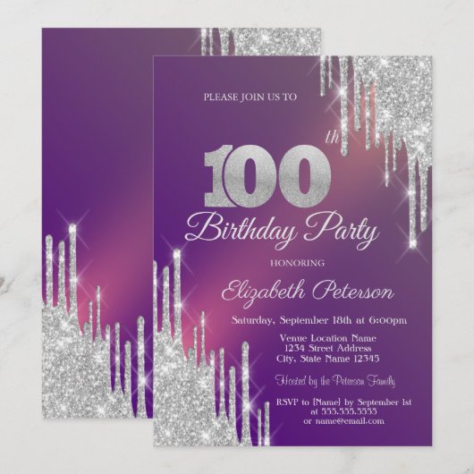 Chique Silver Glitter Drips Paarse 100e Verjaardag Kaart (Voorkant / Achterkant)