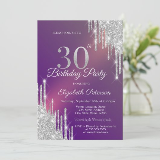 Chique Silver Glitter Drips Paarse 30e Verjaardag Kaart (Staand voorkant)