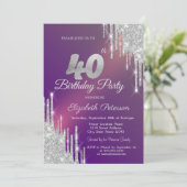 Chique Silver Glitter Drips Paarse 40e Verjaardag Kaart (Staand voorkant)