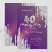 Chique Silver Glitter Drips Paarse 40e Verjaardag Kaart (Voorkant / Achterkant)