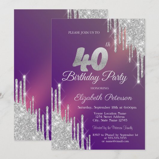 Chique Silver Glitter Drips Paarse 40e Verjaardag Kaart (Voorkant / Achterkant)