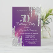 Chique Silver Glitter Drips Paarse 50e Verjaardag Kaart (Staand voorkant)