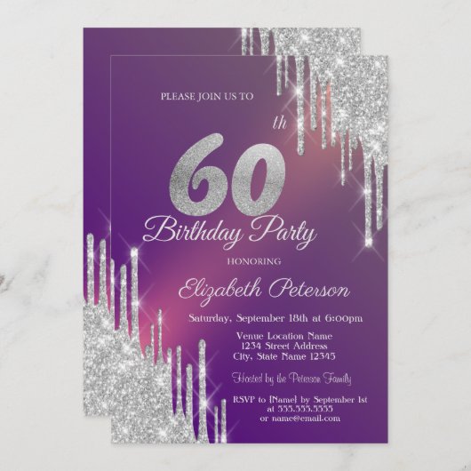 Chique Silver Glitter Drips Paarse 60e Verjaardag Kaart (Voorkant / Achterkant)