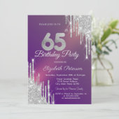 Chique Silver Glitter Drips Paarse 65e Verjaardag Kaart (Staand voorkant)