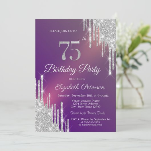 Chique Silver Glitter Drips Paarse 75e Verjaardag Kaart (Staand voorkant)