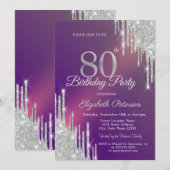 Chique Silver Glitter Drips Paarse 80e Verjaardag Kaart (Voorkant / Achterkant)