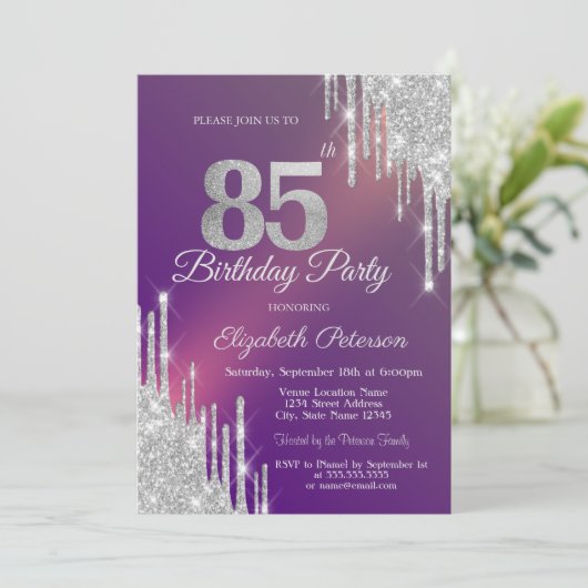 Chique Silver Glitter Drips Paarse 85e Verjaardag Kaart (Staand voorkant)