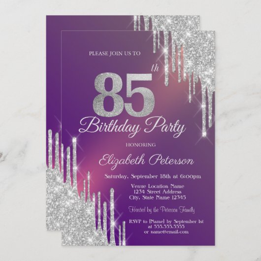 Chique Silver Glitter Drips Paarse 85e Verjaardag Kaart (Voorkant / Achterkant)