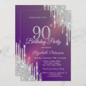 Chique Silver Glitter Drips Paarse 90e Verjaardag Kaart (Voorkant / Achterkant)