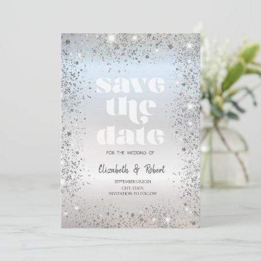 Chique Silver Glitter Dust Confetti Sla de datum o Save The Date (Staand voorkant)