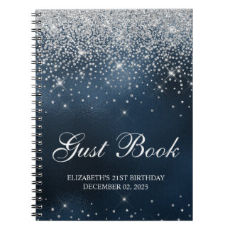 Chique Silver Glitter Navy Blue 21st Bday Gastenbo Notitieboek