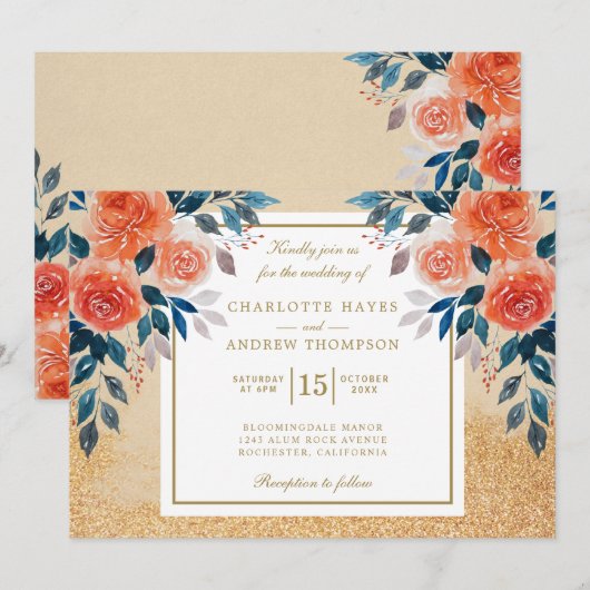 Chique Sinaasappel Bloemen Waterverf Bruiloft Kaart (Voorkant / Achterkant)