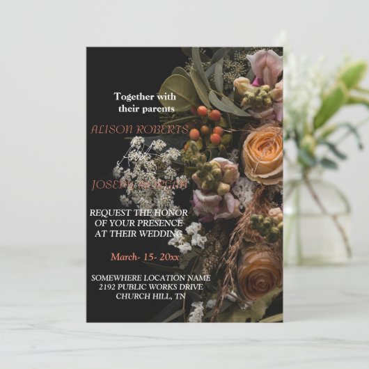 Chique sinaasappel bloemenbruiloft uitnodiging (Staand voorkant)