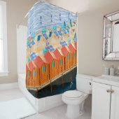 Chique Sinaasappel en Blue Cabanas Beach Style Douchegordijn (In situ)