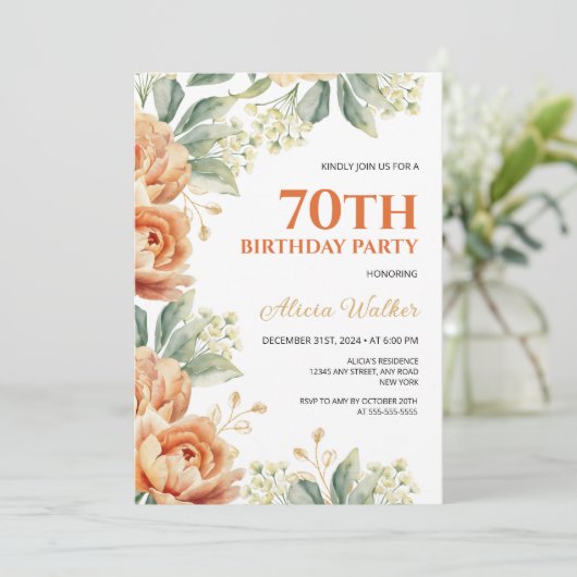 Chique Sinaasappel Pioen Gouden Bladgroen Verjaard Kaart (Staand voorkant)