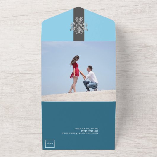 Chique Sky Blue bruiloft All In One Uitnodiging (Buitenkant)