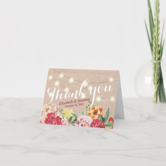 Chique slingerlichten linnen bloem bruiloft bedank bedankkaart (Voorkant)