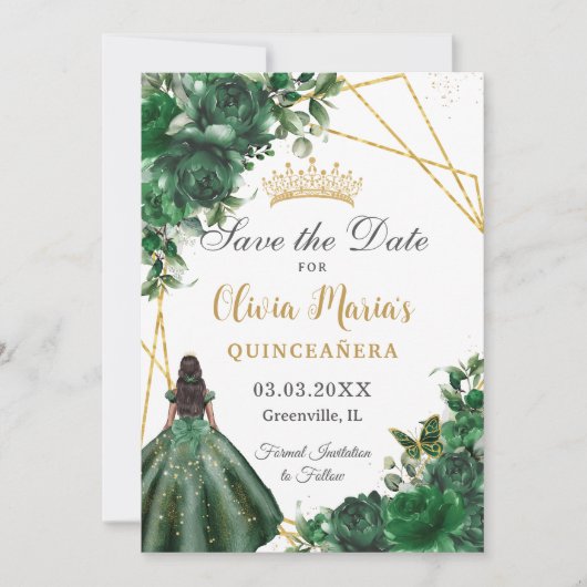 Chique smaragdgroene bloemen bruin meisje quinceañ save the date (Voorkant)