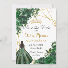 Chique smaragdgroene bloemen bruin meisje quinceañ save the date