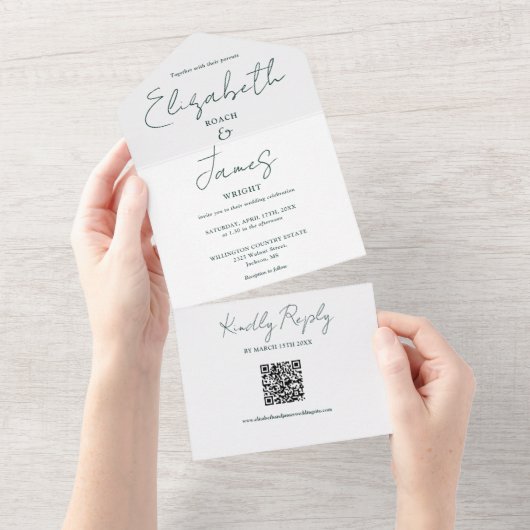 Chique smaragdgroene elegante script QR-code bruil All In One Uitnodiging (Afscheurbaar)