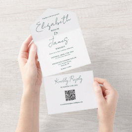 Chique smaragdgroene elegante script QR-code bruil All In One Uitnodiging
