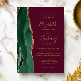 Chique smaragdgroene gouden agaat burgundy bruilof kaart