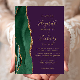 Chique Smaragdgroene Gouden Agate Paarse Bruiloft Kaart