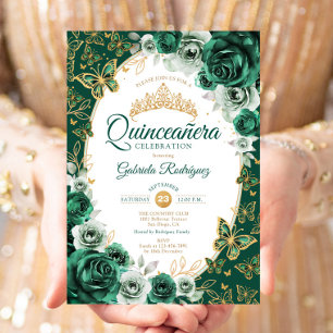 Chique Smaragdgroene Gouden Bloemige Quinceanera Kaart