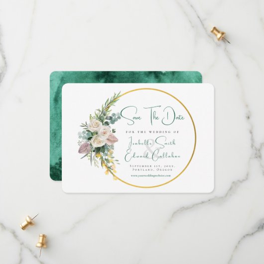 Chique Smaragdgroene Watercolor Goud & Bloem Frame Save The Date (Voorkant / Achterkant in situ)