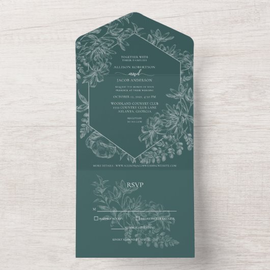 Chique smaragdgroene witte bloemrijke botanische b all in one uitnodiging (Binnen)