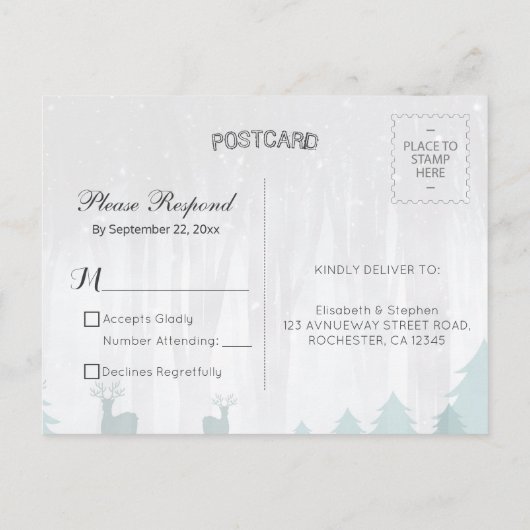 Chique Sneeuw Wonderland Vogel Hert Winter Bruilof Uitnodiging Briefkaart (Achterkant)