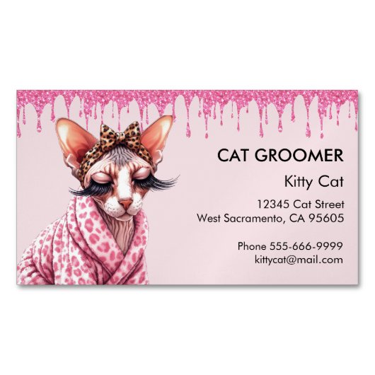 Chique Sphynx Cat Service Roze Glitter Dripping Magnetisch Visitekaartje (Voorkant)