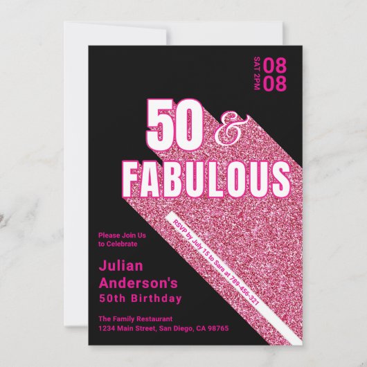 Chique sprankelende zwarte & roze fabuleuze 50e ve kaart (Voorkant)